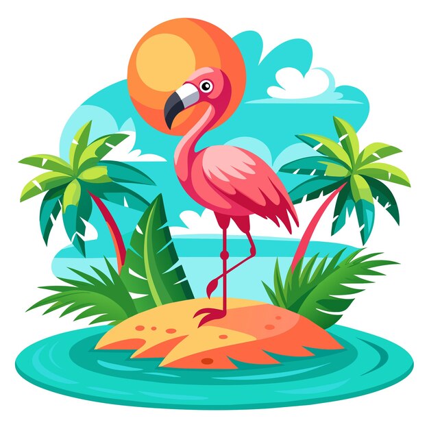 Vector el pájaro flamenco rosa tropical es una mascota de dibujos animados de estilo plano dibujada a mano.