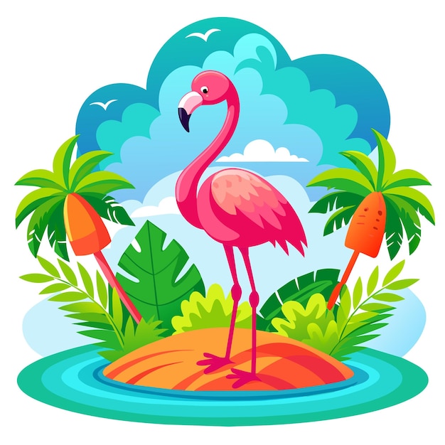 Vector el pájaro flamenco rosa tropical es una mascota de dibujos animados de estilo plano dibujada a mano.