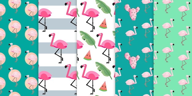 Pájaro flamenco rosado y playa exótica de moda con formas geométricas de patrones sin fisuras Vector Premium