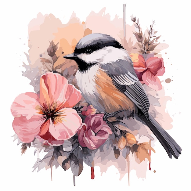 Pájaro floral acuarela pintado a mano aislado sobre fondo blanco