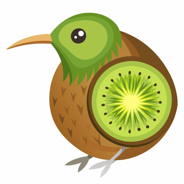 Vector pájaro kiwi de dibujos animados con la mitad de una fruta de kiwi en la espalda