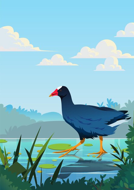 Vector un pájaro está en un lago y el cielo es azul y el cielo es azul.