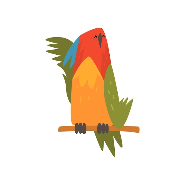Pájaro lindo durmiendo mientras está sentado en la percha Pájaro gracioso personaje de dibujos animados con plumas de colores brillantes e ilustración vectorial de tuft en fondo blanco