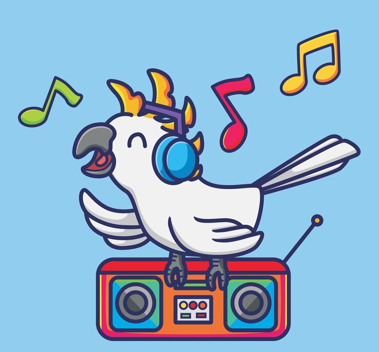 Vector pájaro lindo del loro del ejemplo que escucha una música cantar una canción con los auriculares. animal aislado dibujos animados icono estilo plano logotipo vector premium etiqueta