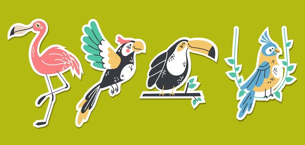 Pájaro loro animal tropical verano estilo pegatinas concepto conjunto diseño gráfico vector ilustración