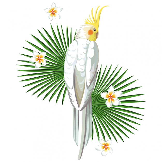 Vector pájaro loro blanco con estampado vegetal