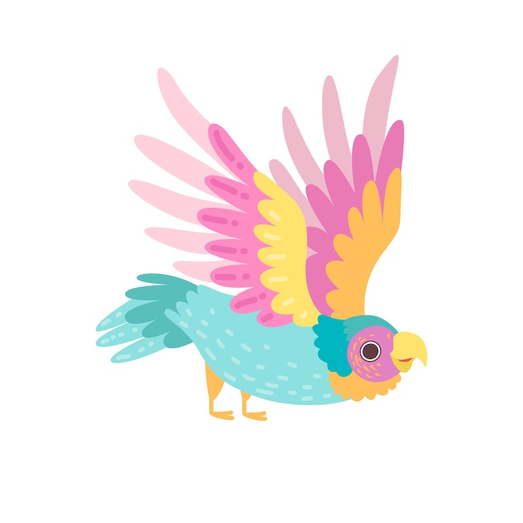 Vector pájaro loro tropical con plumaje iridiscente ilustración vectorial de vuelo sobre fondo blanco
