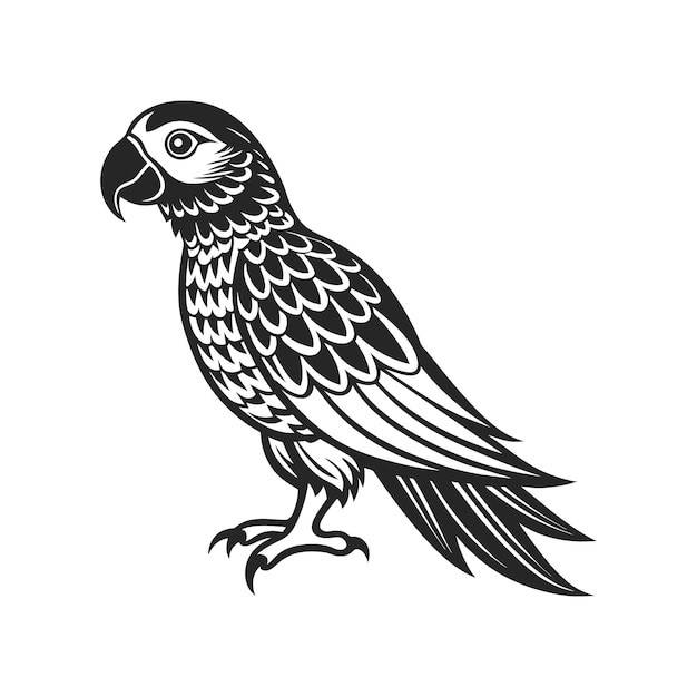 Pájaro loro tropical Silueta negra sobre un fondo blanco Tatuaje grabado Ilustración
