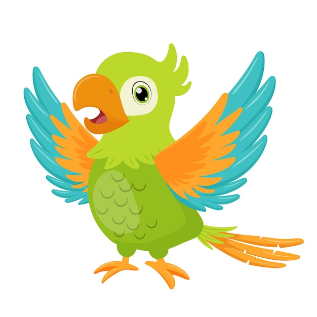 Vector pájaro loro verde de pie y ala ondulada personaje de dibujos animados plano aislado en blanco