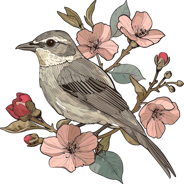 Un pájaro se muestra con flores y un pájaro