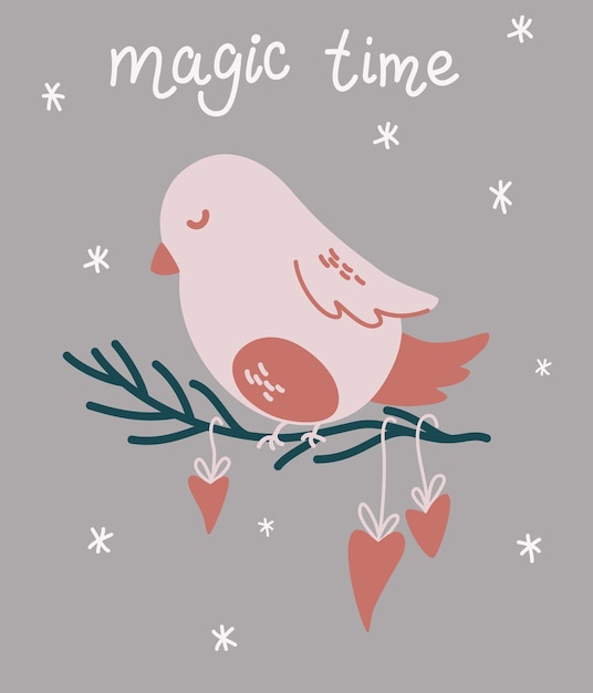 Vector pájaro de navidad está sentado en una rama. tiempo mágico. plantilla de tarjeta de navidad para el diseño de navidad con aves y letras. símbolo de vacaciones de invierno. mano de vector dibujar ilustración de dibujos animados.