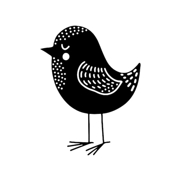 Pájaro negro al estilo escandinavo sobre un fondo blanco. Personaje divertido similar a un gorrión.