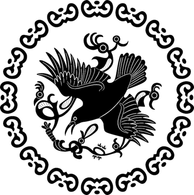 pájaro negro volando con marco floral vector de diseño hecho a mano