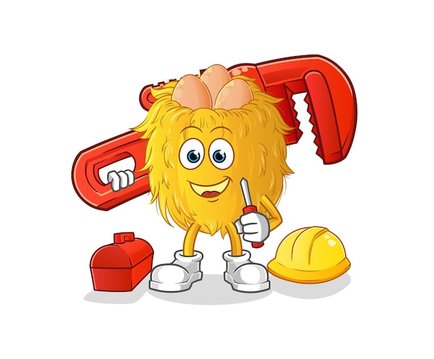 pájaro, nido, plomero, caricatura, caricatura, mascota, vector