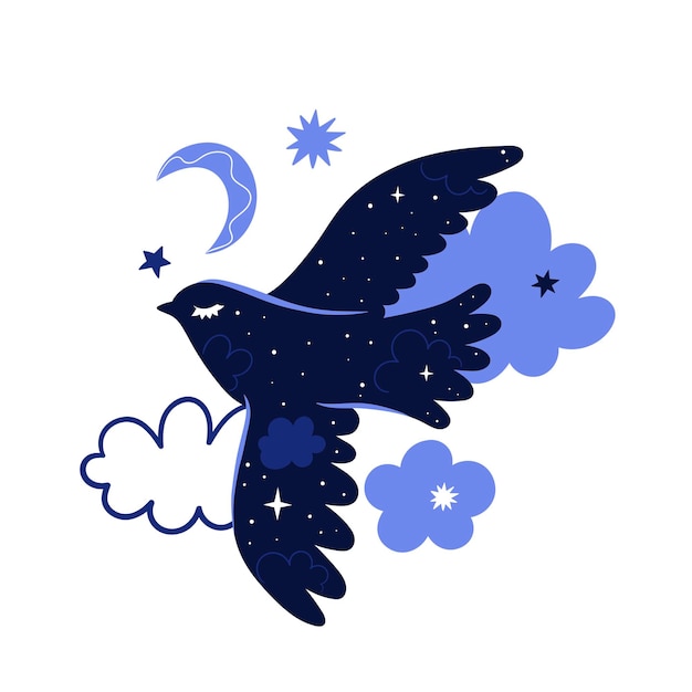 Vector pájaro nocturno boho ingenuo funky arte de estilo dibujado a mano gráficos vectoriales