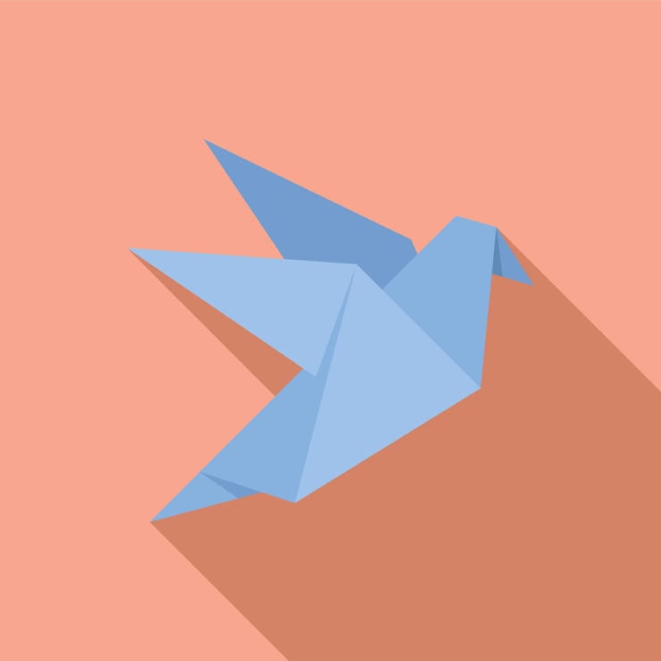 Vector el pájaro origami azul está volando con una larga sombra