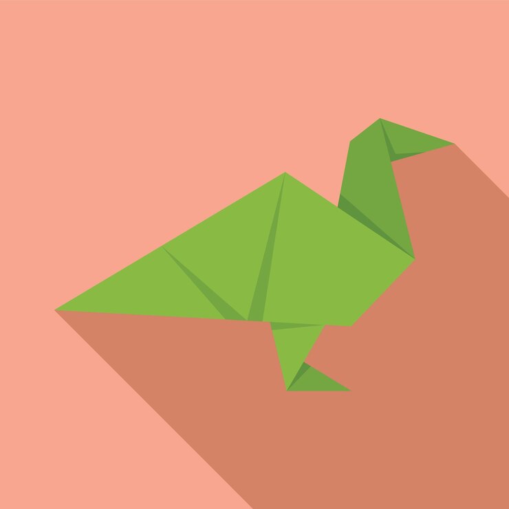 Vector un pájaro de origami verde de pie sobre un fondo rosado