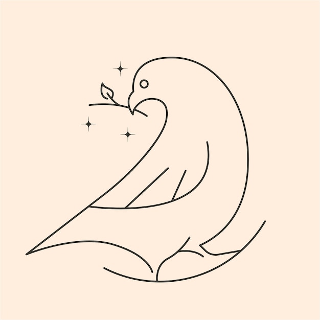 Pájaro paloma mordiendo una ramita línea de arte logotipo diseño de ilustración vectorial