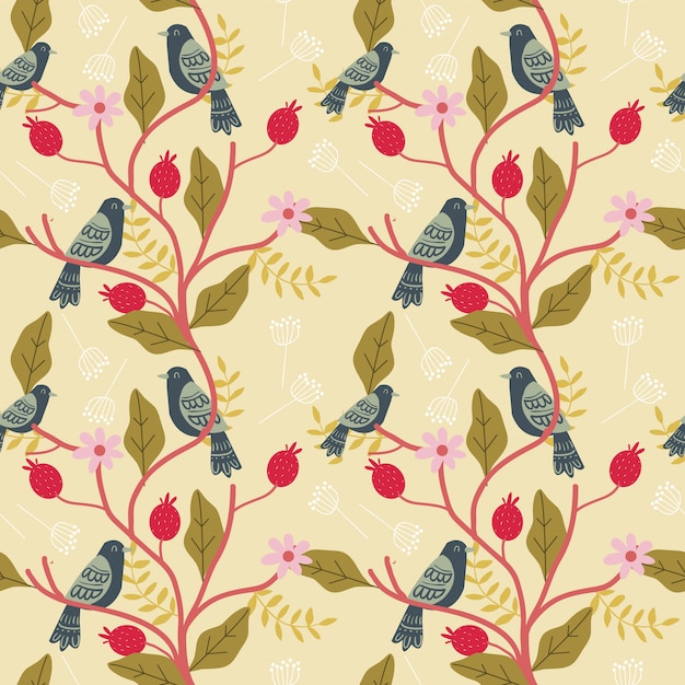 Pájaro y patrón floral transparente.