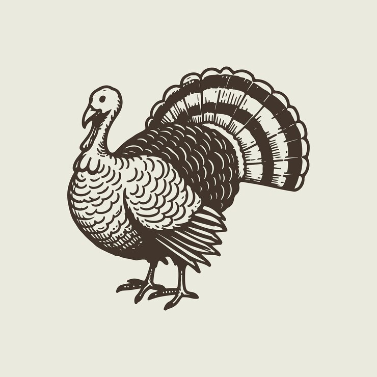 Pájaro pavo aislado sobre fondo blanco Ilustración vectorizada dibujada a mano en estilo vintage
