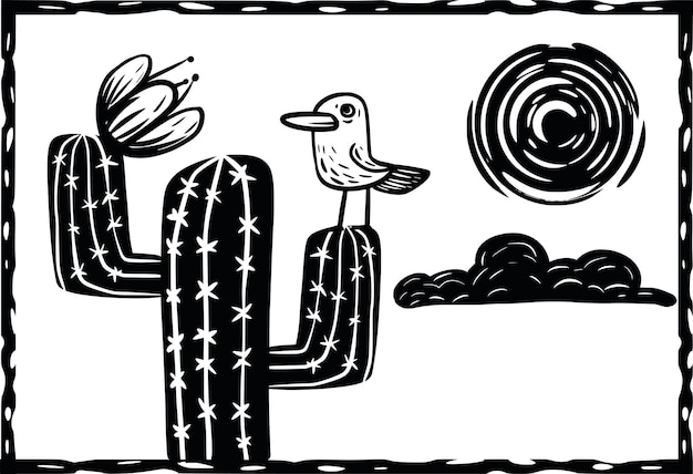 pájaro posado en un cactus estilo Woodcut con vectores separados