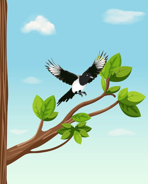 Vector un pájaro posado en la rama de un árbol vector de un pájaro posado en una rama urraca en la rama de un árbol