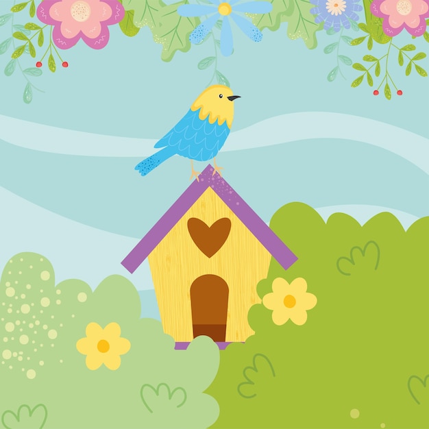 Pájaro de primavera en el diseño de la casita para pájaros, jardín de adornos florales naturales de temporada e ilustración de tema de decoración