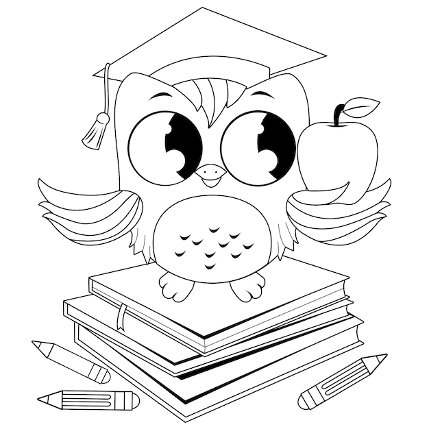 Pájaro profesor búho en el aula de la escuela Vector página de colorear en blanco y negro