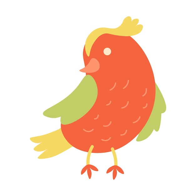 Pájaro rojo de dibujos animados de pie. Pequeño gorrión de primavera lindo. Pegatinas de pájaros de Pascua para niños