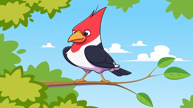 El pájaro rojo de dibujos animados en una rama