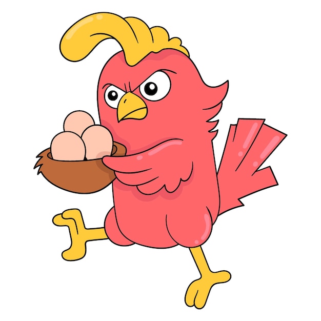 El pájaro rojo macho está caminando llevando los huevos de sus polluelos con la imagen del icono del garabato kawaii