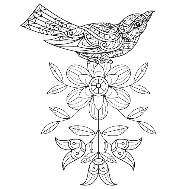 Vector pájaro sobre hermosa flor dibujado a mano para libro de colorear para adultos