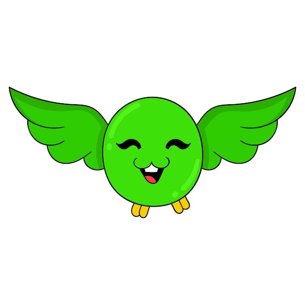 Pájaro verde redondo jugando volando en el cielo imagen de icono de doodle kawaii