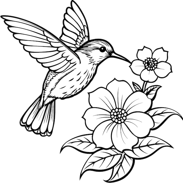 Pájaro volando en la flor de Phlox Ilustración vectorial 2D en blanco y negro sobre fondo blanco