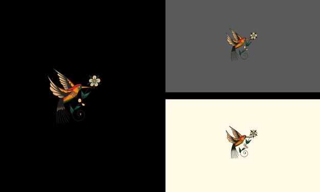 Vector pájaro volando con flores, diseño de ilustraciones vectoriales
