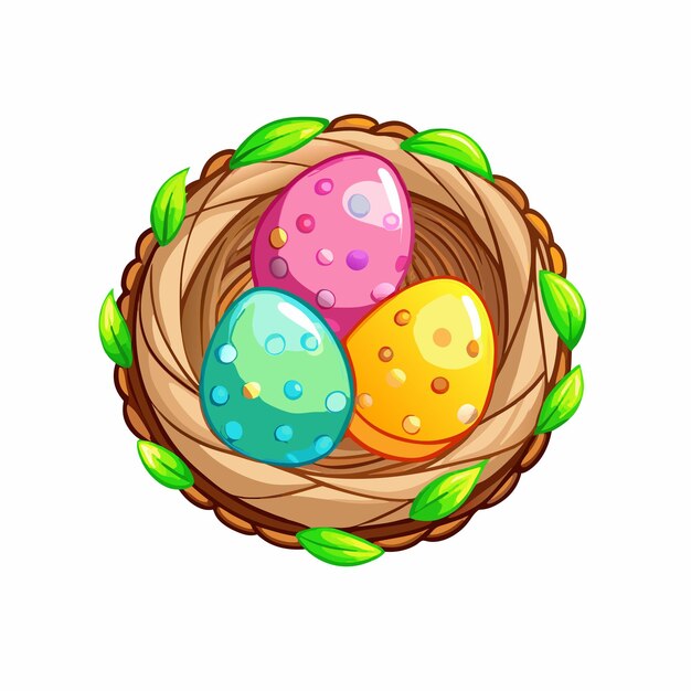 Los pájaros anidan con huevos de Pascua brillantes en un fondo blanco aislado 2