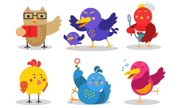 Los pájaros bebés de diferentes tipos y colores el búho leyendo el libro la madre pájaro con el niño cocinando el pájaro poniendo con el canto de la flor las ilustraciones vectoriales establecen el personaje de dibujos animados aislado de fondo blanco