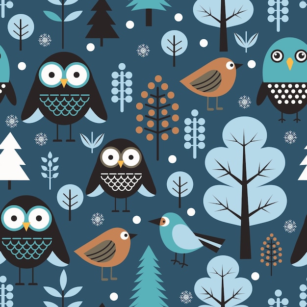 pájaros en el bosque en un fondo oscuro patrón sin costuras