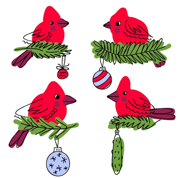 Pájaros cardinales del norte en la colección de garabatos de rama de árbol de navidad para pegatinas textiles e impresión