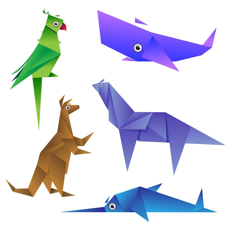 Vector pájaros cortados en papel origami y vector de conjuntos de animales con fondo blanco