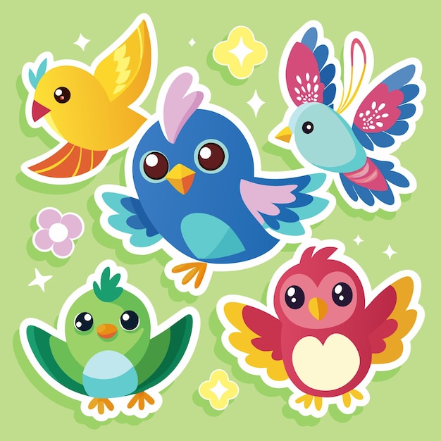 Los pájaros de dibujos animados de colores con alas brillantes y ojos grandes están volando y de pie sobre un fondo verde