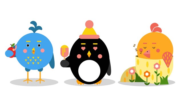 Los pájaros de dibujos animados divertidos durmiendo y comiendo helados