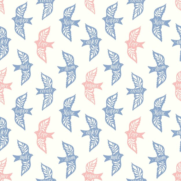 pájaros divertidos palabras inspiradoras letras a mano patrón sin costura pájaro folclórico decorativo textura sin costura