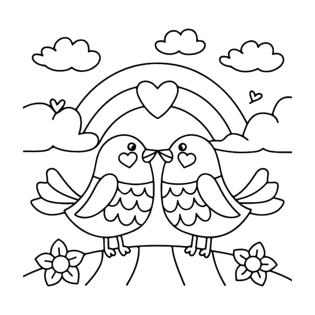 Los pájaros enamorados bajo un arco iris