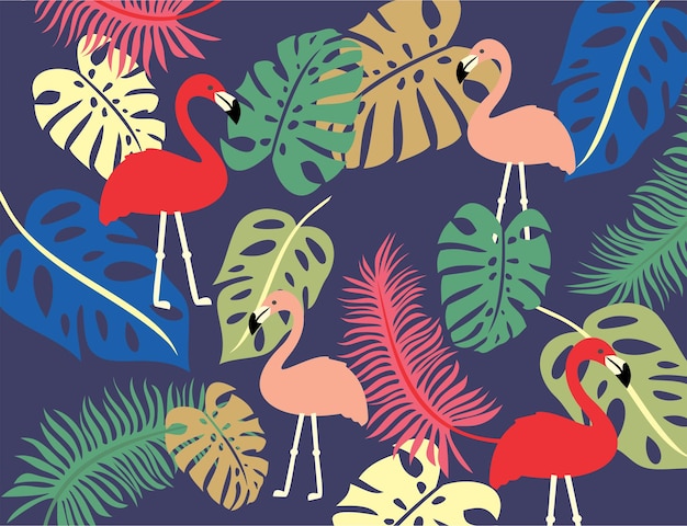 Pájaros flamencos en coloridas hojas tropicales