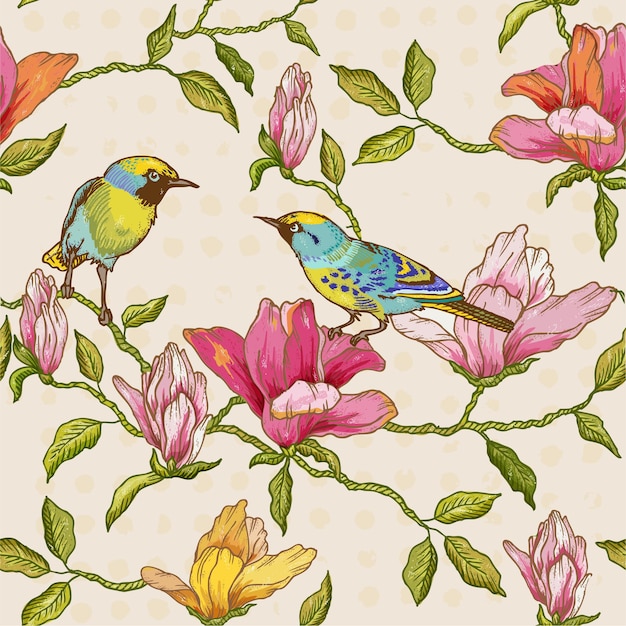 Pájaros y flores de fondo transparente vintage