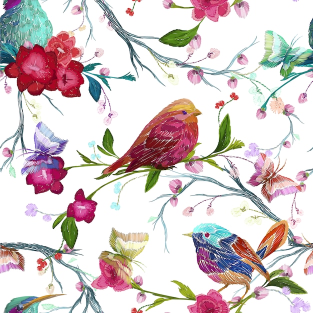 Vector pájaros y flores sobre fondo blanco