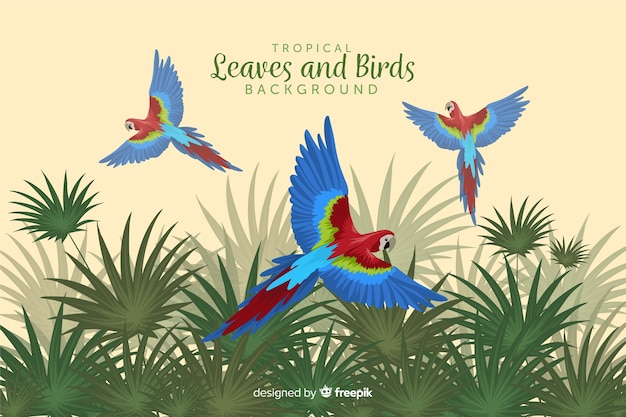 Pájaros y hojas tropicales