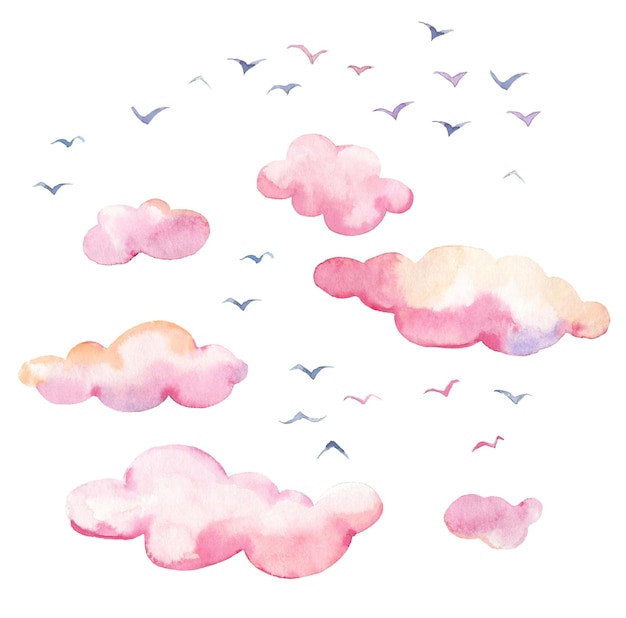 Pájaros y nubes acuarelas esponjosas rosadas en el cielo