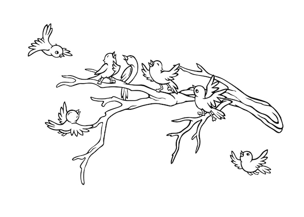 Los pájaros pequeños vuelan alrededor de las ramas desnudas de los árboles chirriando y cantando señales de la primavera composición de esquema